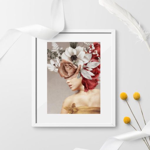 Plakat z kobietą oraz kwiatami