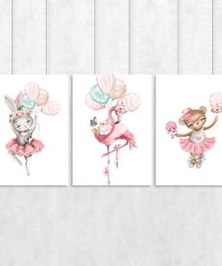 Tryptyk plakatów z flamingiem i króliczkiem